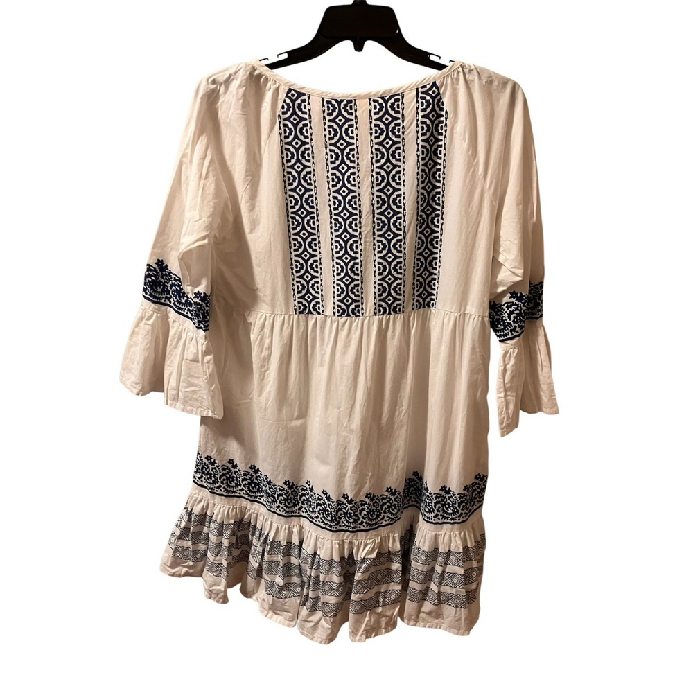 Roller Rabbit Mona Dress White Blue Border Maricruz Sz L Boho Flare - Picture 6 of 9